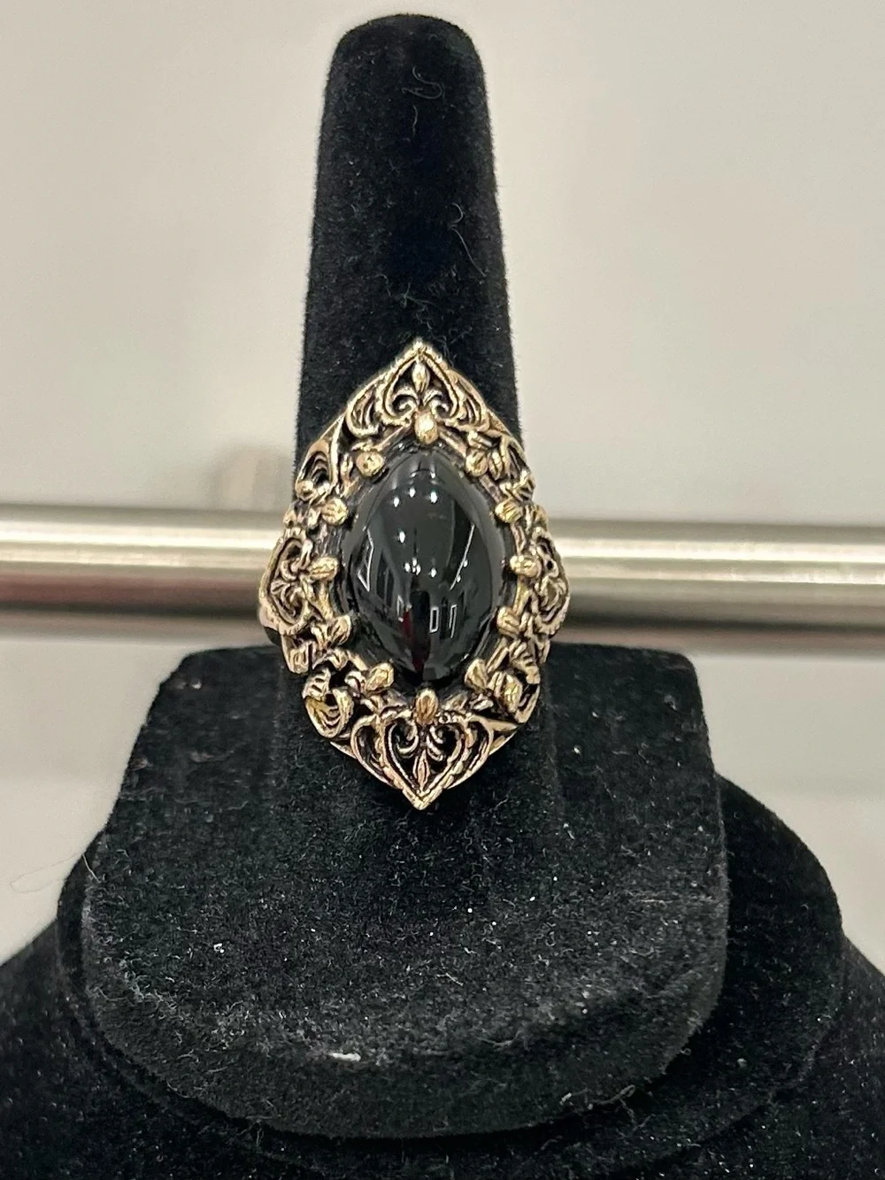 Barse Black Onyx Stone Bronze Filigree Ring with Gold-Tone Accents